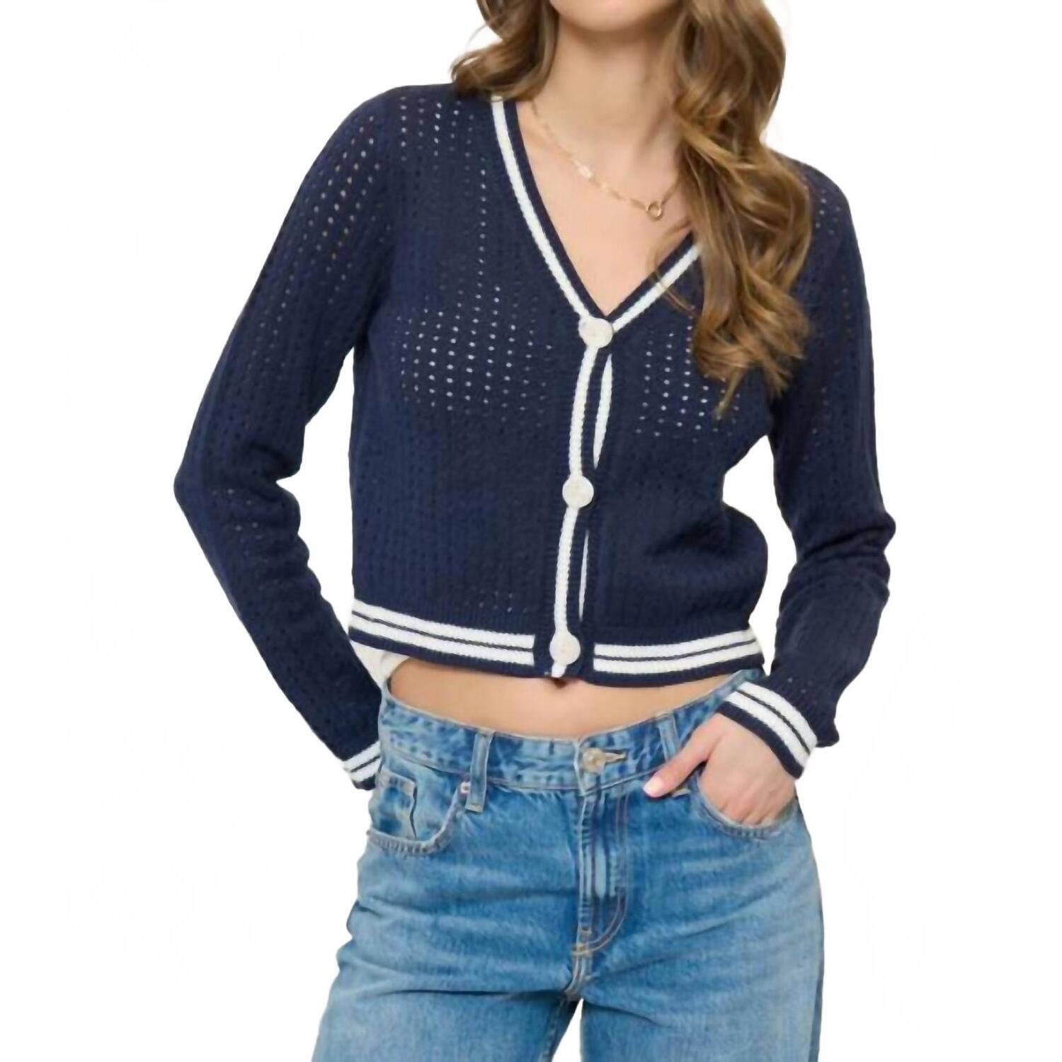 New Central Park West Franki Varsity Mesh Cardigan In Navy